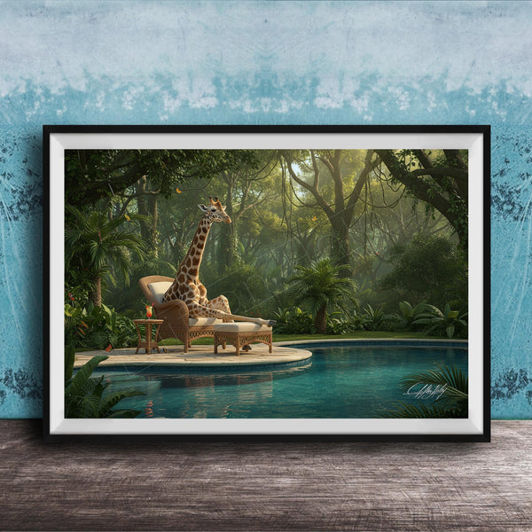 A giraffe lounges on a chair in a lush, tropical jungle setting, with a pool of water in the foreground.