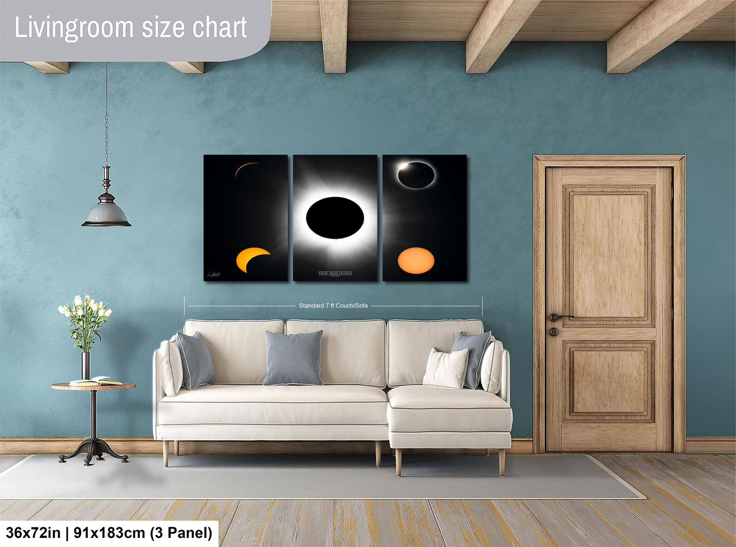 The image is a living room with a white sofa, a wooden door, and a large wall art depicting celestial events.