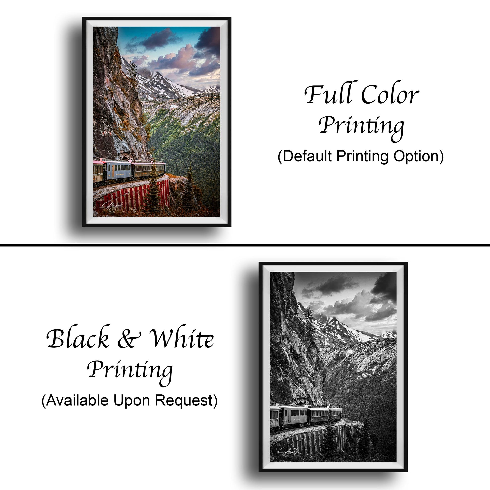The image is a collage of two framed pictures. The top picture is a full color print of a mountainous landscape with a train on a track, while the bottom picture is a black and white print of the same mountainous landscape. Both pictures are framed and available upon request.