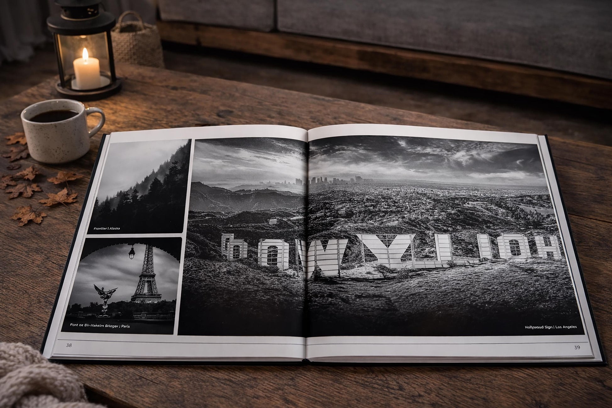 a book with a large open page displaying a black and white photograph of the Hollywood sign, and two smaller photographs of the Eiffel Tower and a mountain landscape.