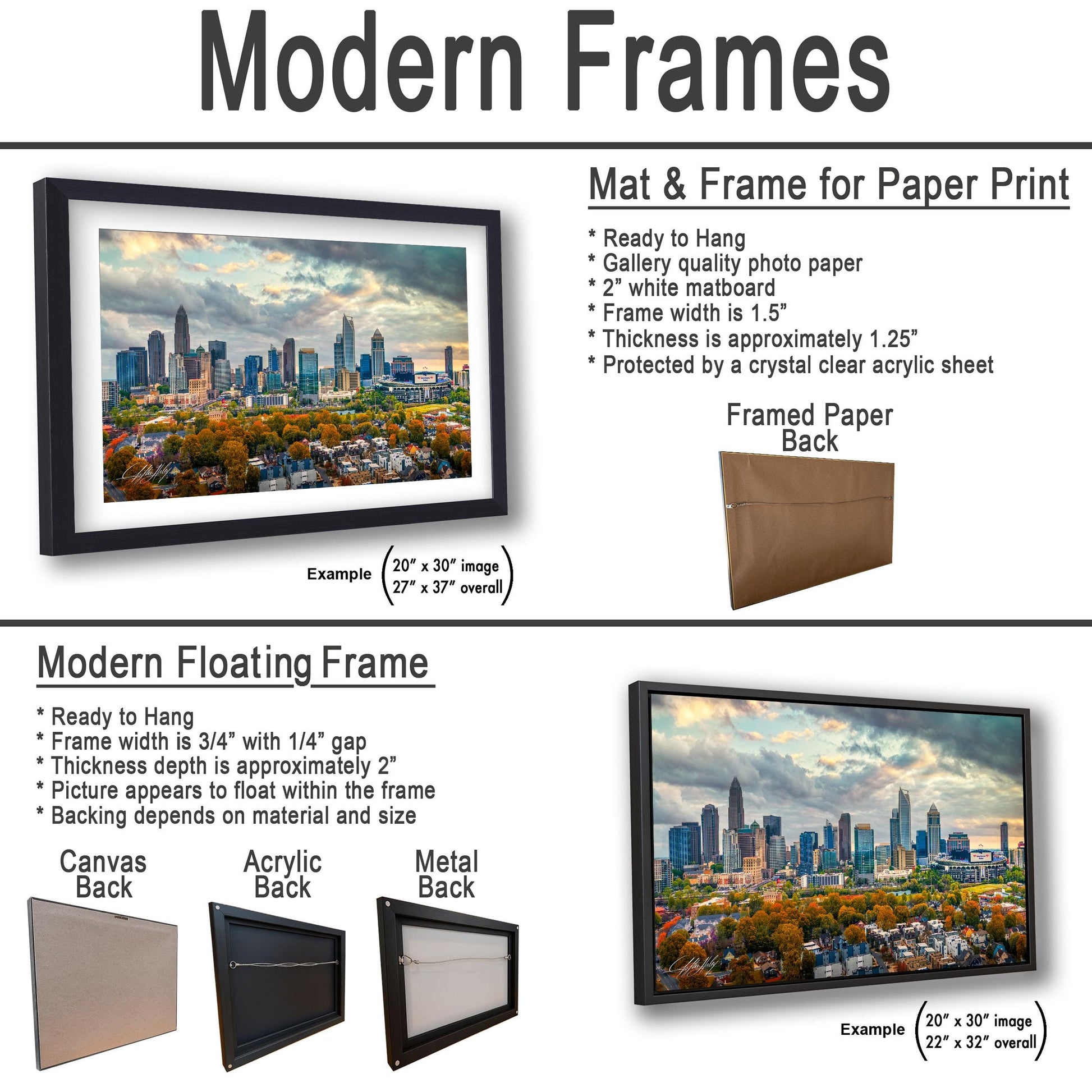 The image is a collage of two framed pictures, one of a city skyline and the other of a cityscape. The framed picture is a mat and frame for a paper print, while the other is a modern floating frame.