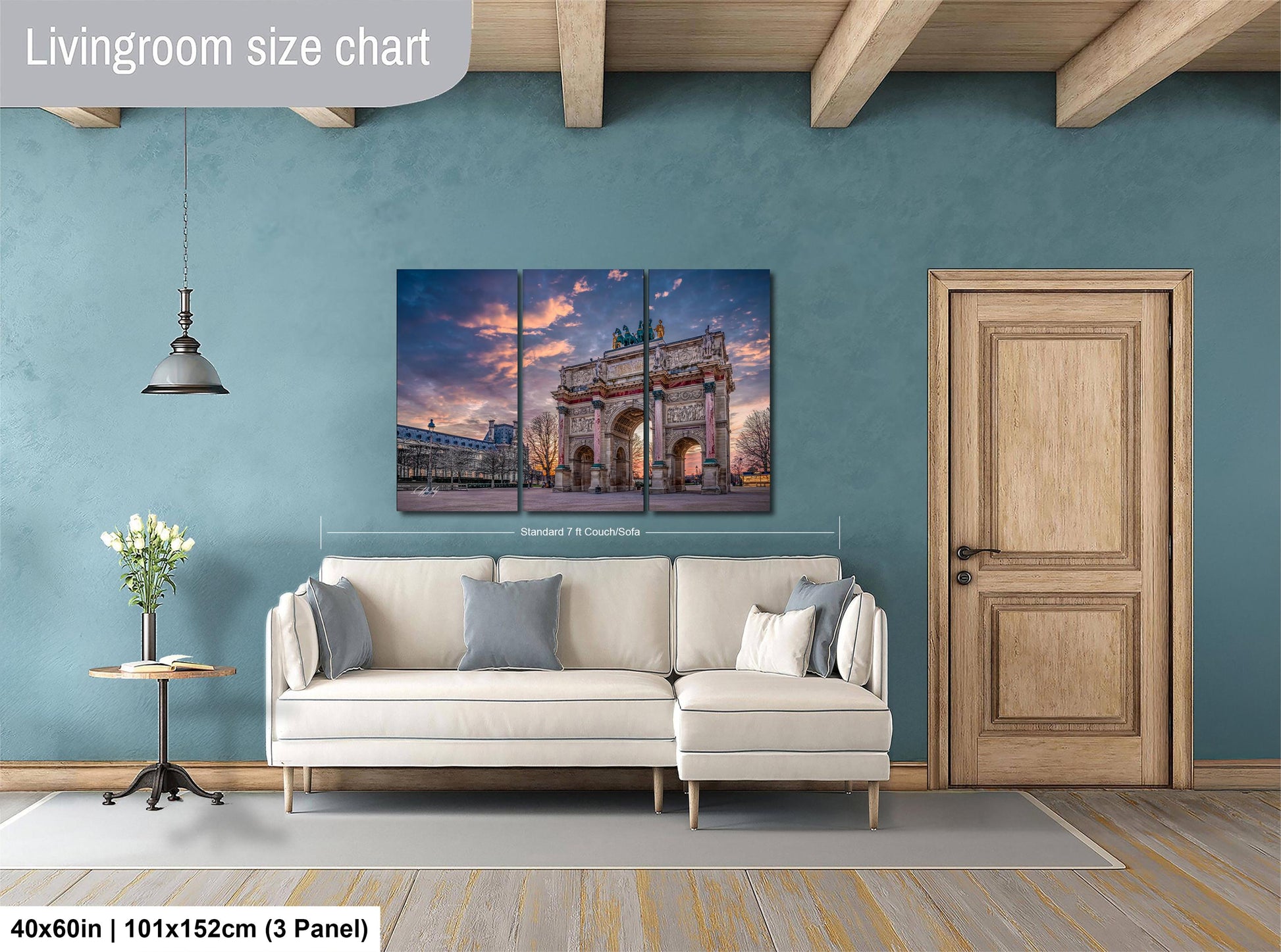 The image is a living room with a large, three-panel living room size chart on the wall. The chart displays the dimensions of the living room in feet and inches, with the largest panel being 40 inches by 101 inches and the smallest panel being 40 inches by 150 centimeters. The living room features a white sofa, a wooden door, and a vase of flowers on a small table.
