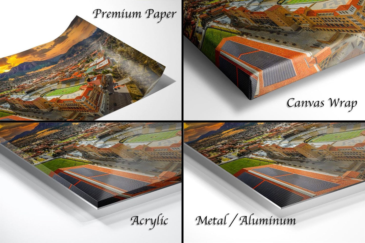 The image is a collage of four different views of a cityscape, each with a distinct perspective and angle. The collage includes a close-up view of the city's buildings, a panoramic view of the city skyline, a close-up view of a building's roof, and a close-up view of a building's facade. The collage is labeled with the words "Premium Paper", "Canvas Wrap", "Acrylic", and "Metal/Aluminum", indicating the materials used for each view.