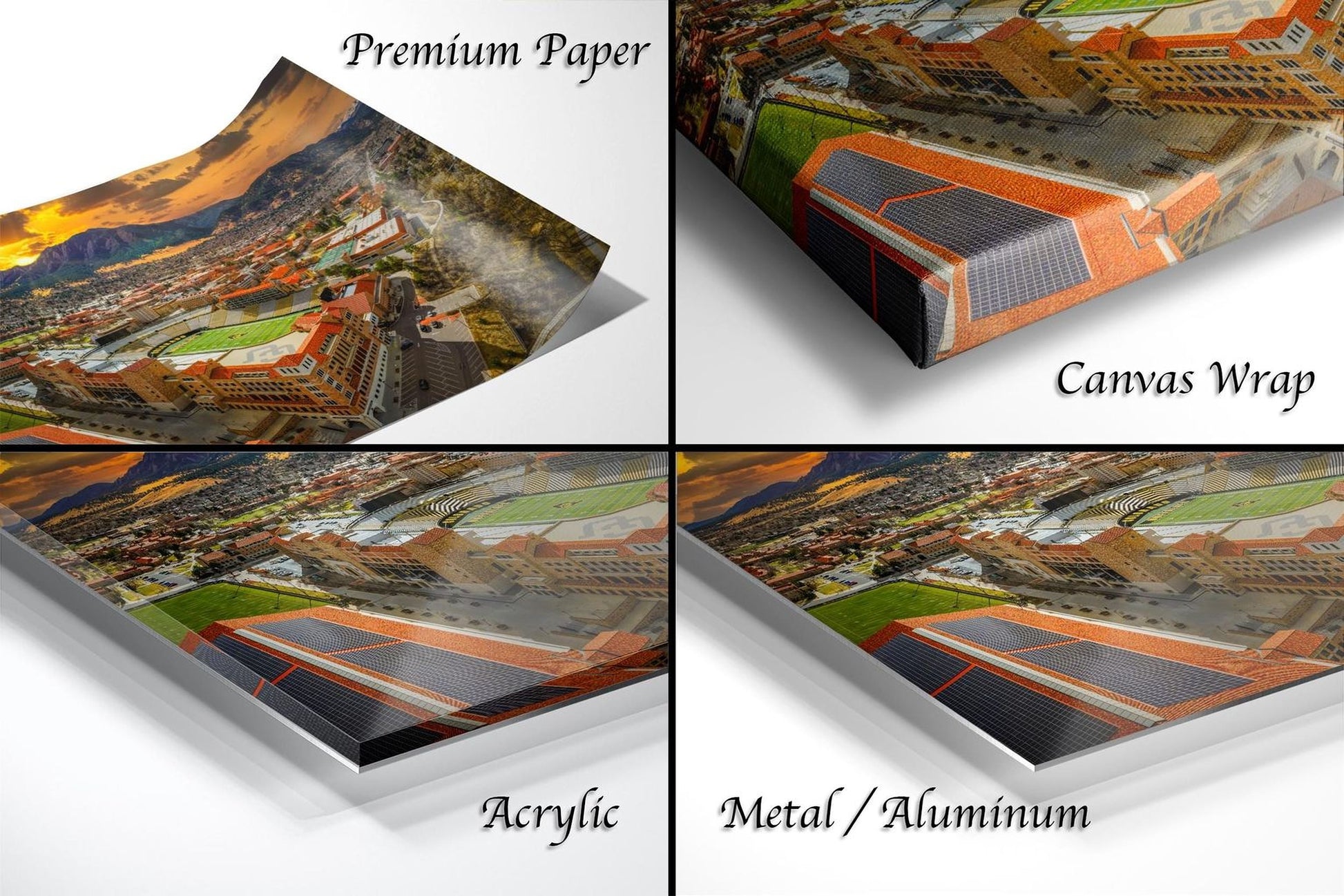 The image is a collage of four different views of a cityscape, each with a distinct perspective and angle. The collage includes a close-up view of the city's buildings, a panoramic view of the city skyline, a close-up view of a building's roof, and a close-up view of a building's facade. The collage is labeled with the words "Premium Paper", "Canvas Wrap", "Acrylic", and "Metal/Aluminum", indicating the materials used for each view.