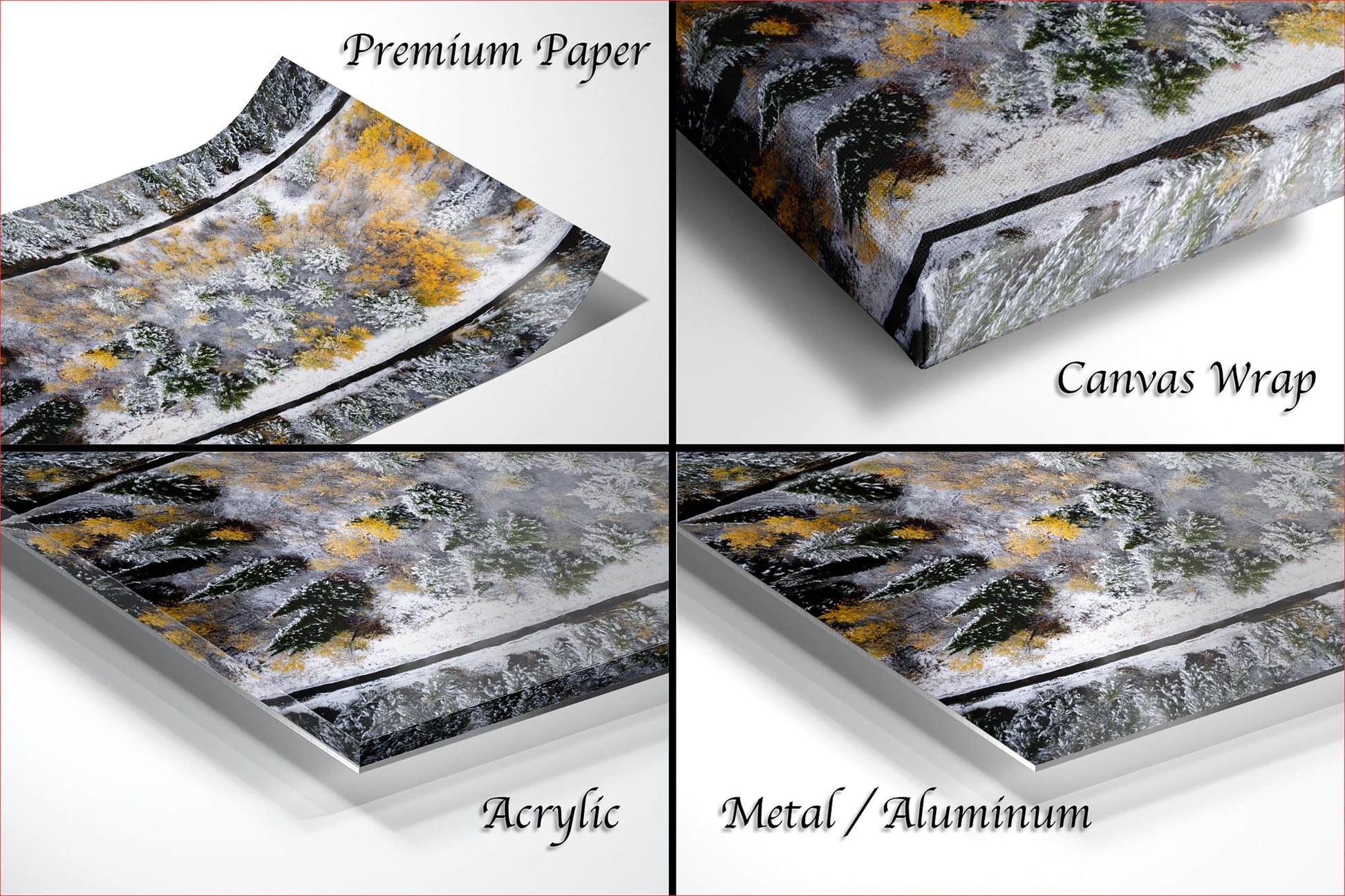 four different views of a landscape photograph, each with a different material used to wrap it. The text labels the materials as "Premium Paper", "Canvas Wrap", "Acrylic", and "Metal/Aluminum".
