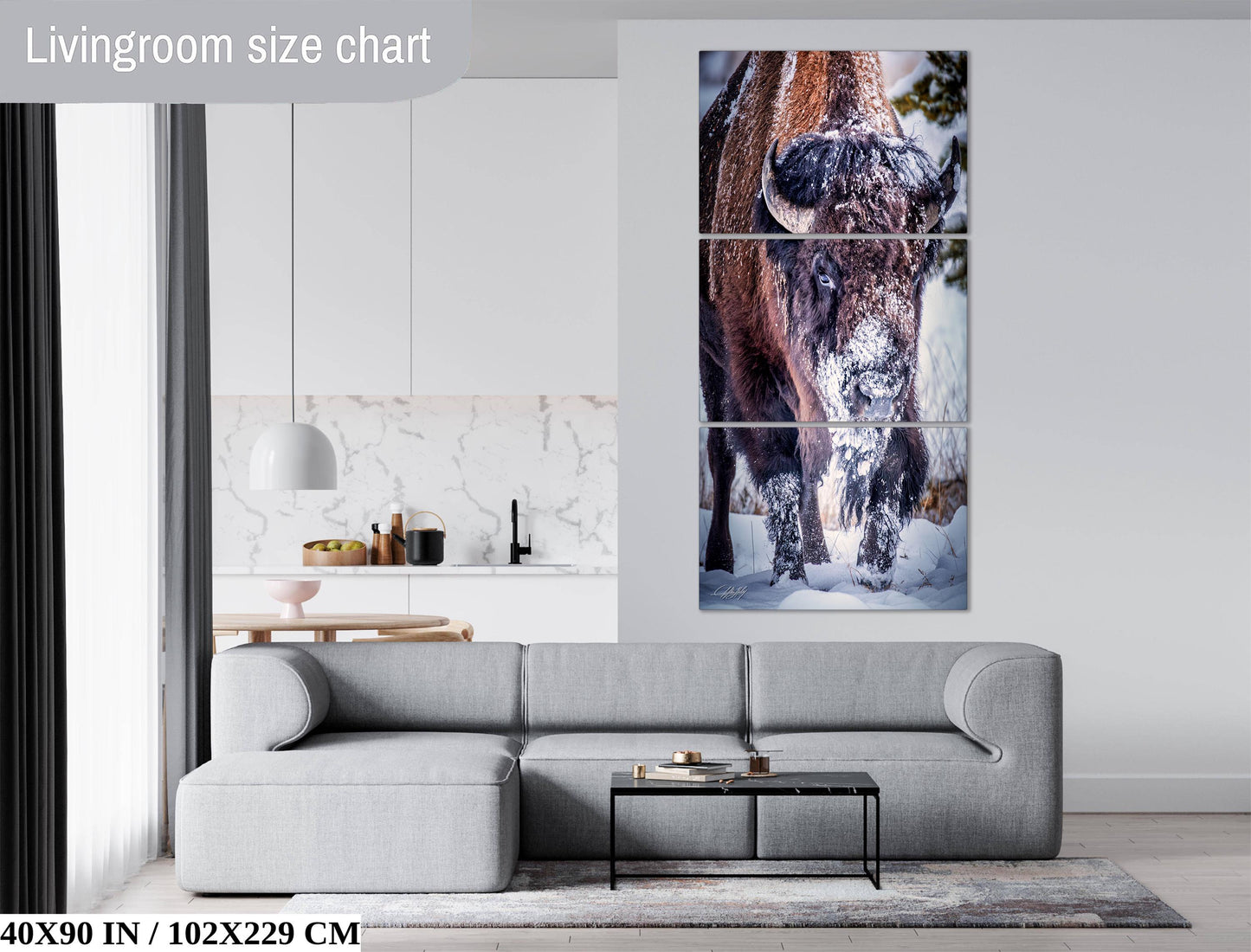 The image is a living room with a gray sofa, a coffee table, and a large wall art depicting a bison in a snowy landscape.