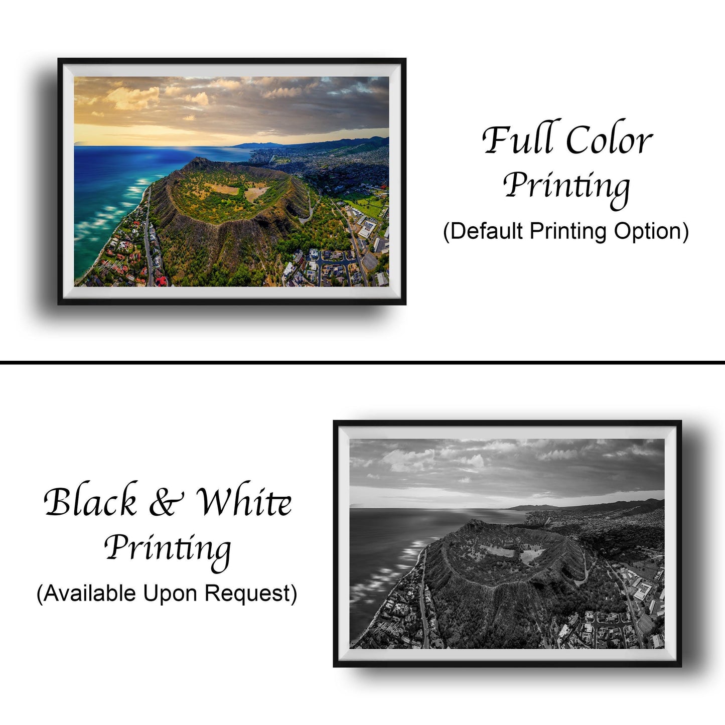 The image is a collage of two framed pictures. The top picture is a full color aerial view of a mountainous landscape, while the bottom picture is a black and white landscape photograph. The text below the images indicates that the full color printing is available upon request, and the black and white version is not.