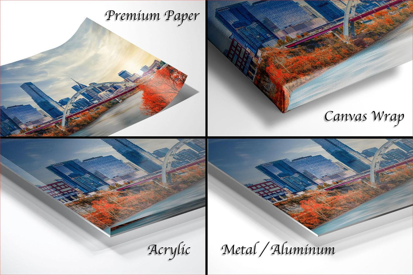 The image is a collage of four different views of a cityscape, each with a distinct texture and finish. The collage includes a premium paper print, a canvas wrap, an acrylic print, and a metal/aluminum print, showcasing the versatility of these materials in capturing and presenting the city's skyline.