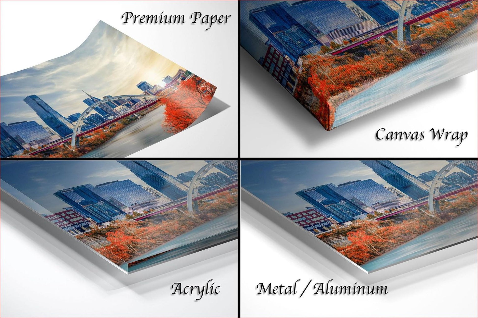 The image is a collage of four different views of a cityscape, each with a distinct texture and finish. The collage includes a premium paper print, a canvas wrap, an acrylic print, and a metal/aluminum print, showcasing the versatility of these materials in capturing and presenting the city's skyline.
