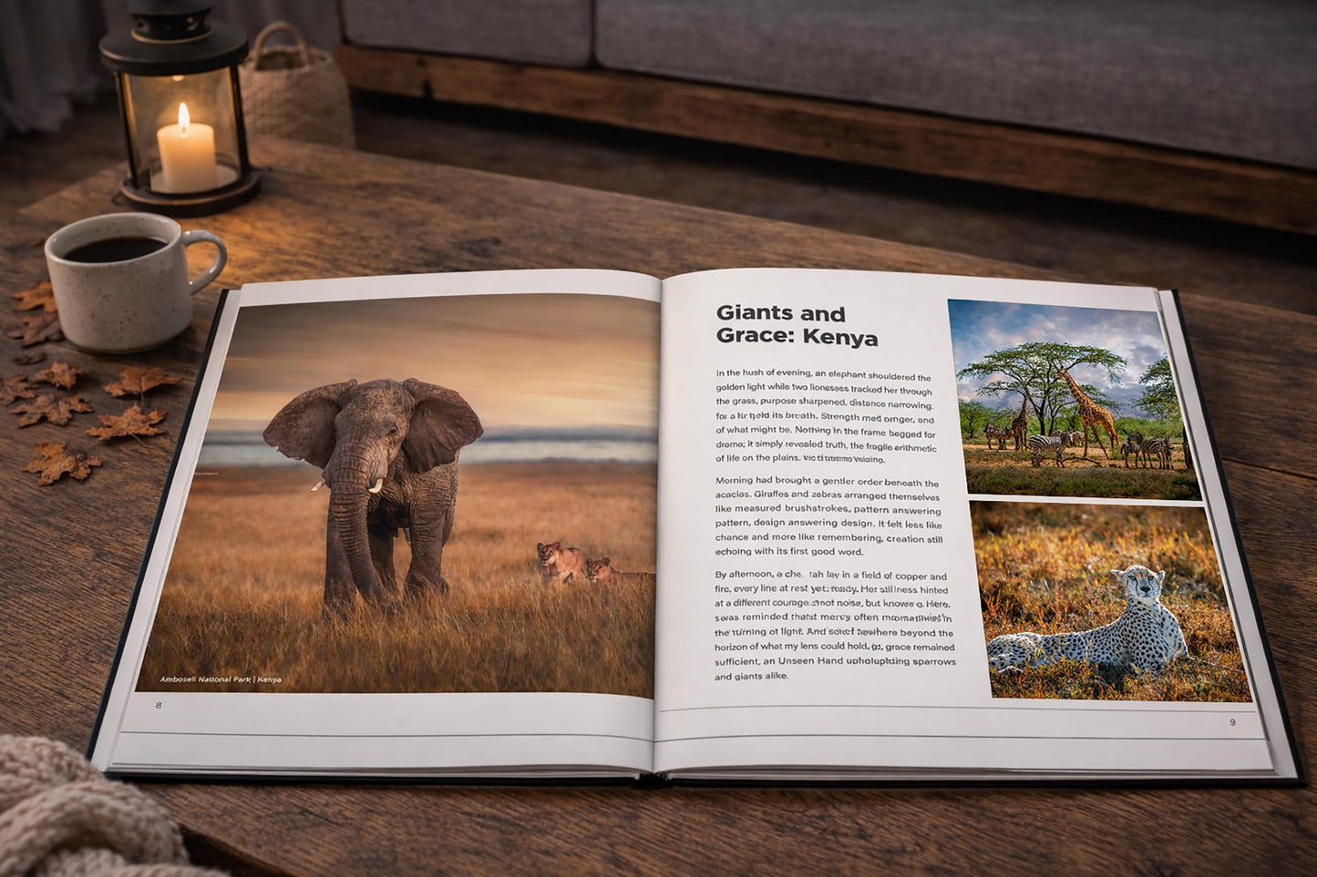 An open book on a wooden table, with two photographs of elephants and giraffes on the left page and a text passage on the right page.
