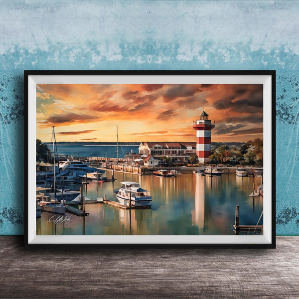 A framed painting depicting a serene harbor scene with boats docked at the pier, a lighthouse in the distance, and a vibrant sunset sky reflected in the calm waters.
