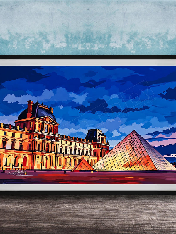 A framed painting depicting the Louvre Museum in Paris, France, with the iconic glass pyramid structure prominently featured against a colorful sky.