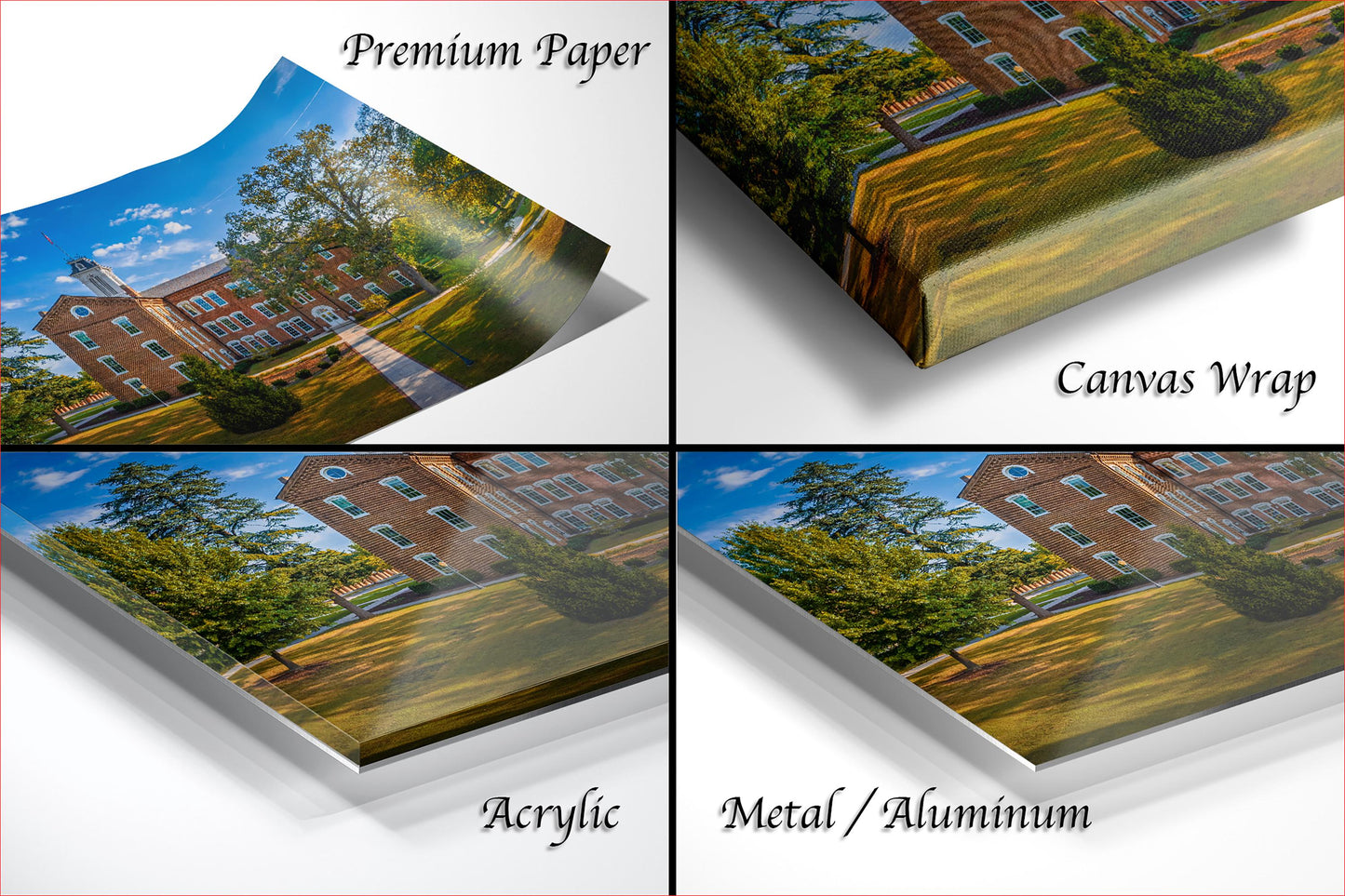 The image is a collage of four photos depicting a brick building surrounded by trees, with the text "Premium Paper", "Canvas Wrap", "Acrylic", and "Metal/Aluminum" indicating the materials used for the prints.