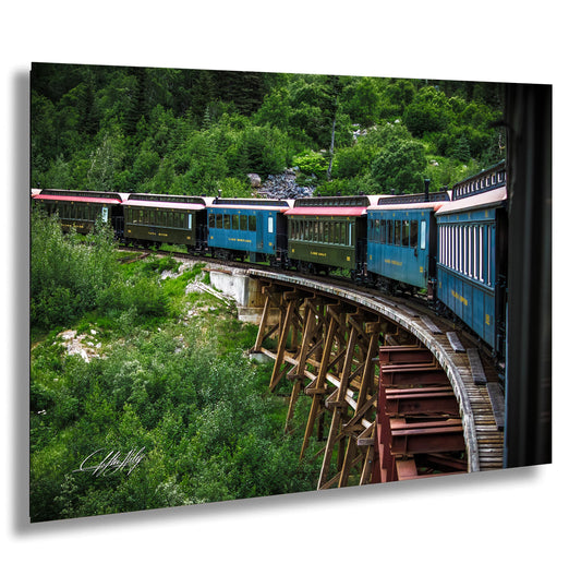 A train traveling on a curved track, with a bridge structure above it, surrounded by lush greenery.
