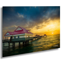 Clearwater Beach aerial photo, Florida pier wall art, sunset over Gulf of Mexico, Tampa Bay drone print, coastal home decor photography, aerial view Clearwater Pier, Florida sunset wall hanging, Gulf Coast pier artwork, Clearwater sunset photograph, drone photo of Pier 60 at dusk, ocean landscape fine art print, Florida seascape wall decor