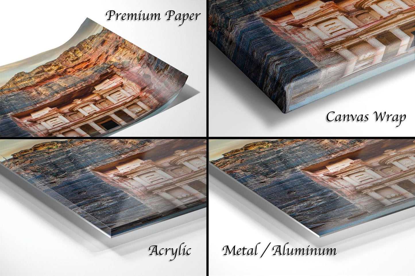 The image is a collage of four different views of a stone carving, likely of a temple or monument, with the text "Premium Paper", "Canvas Wrap", "Acrylic", and "Metal/Aluminum" indicating the materials used for the prints.