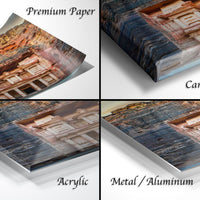 The image is a collage of four different views of a stone carving, likely of a temple or monument, with the text "Premium Paper", "Canvas Wrap", "Acrylic", and "Metal/Aluminum" indicating the materials used for the prints.