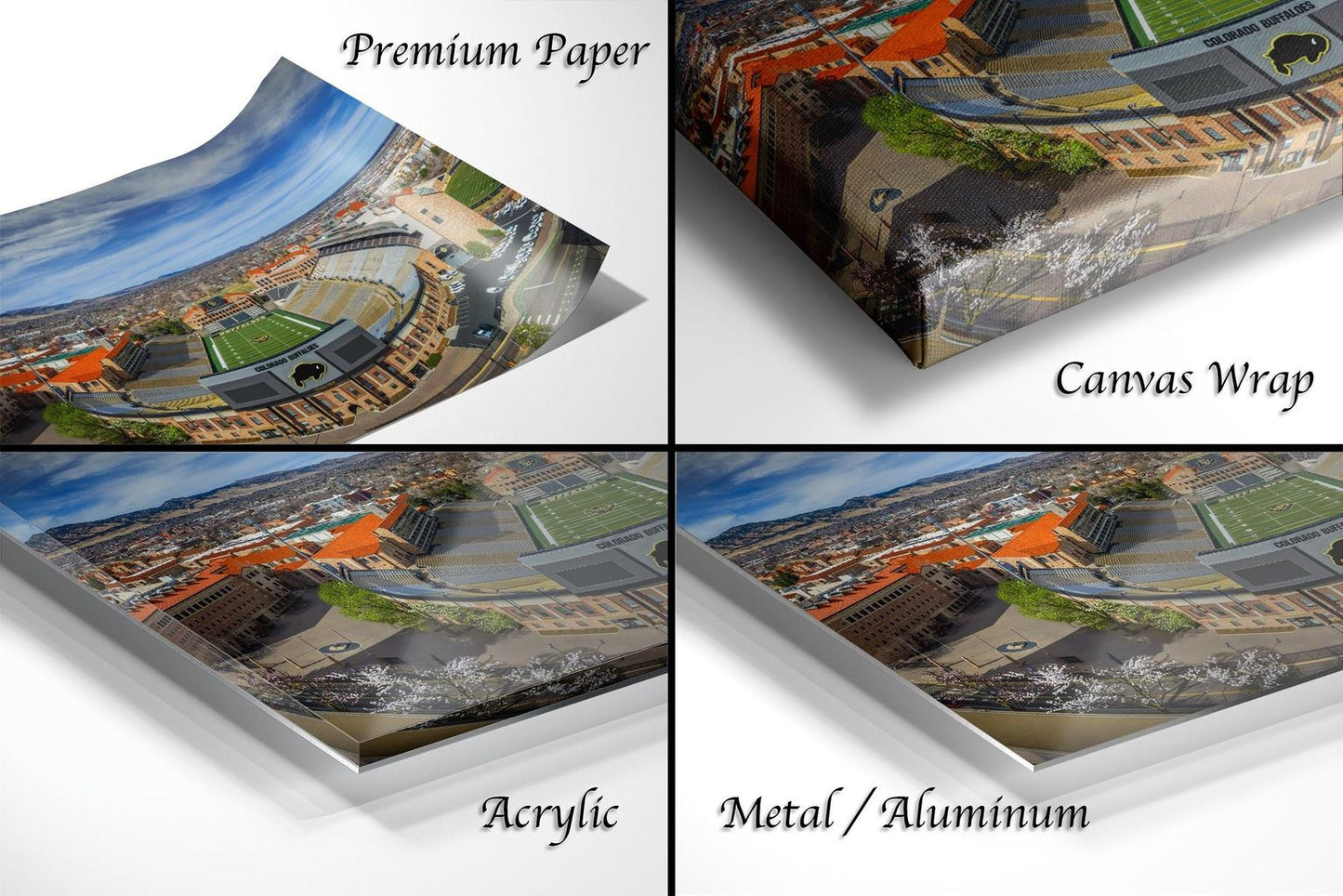 The image is a collage of four different views of a cityscape, each with a distinct perspective and angle. The collage includes a close-up view of the city's skyline, a panoramic view of the city, a detailed view of the city's architecture, and a high-angle view of the city's landscape. The collage is labeled as "Premium Paper", "Canvas Wrap", "Acrylic", and "Metal/Aluminum" to describe the materials used in the artwork.