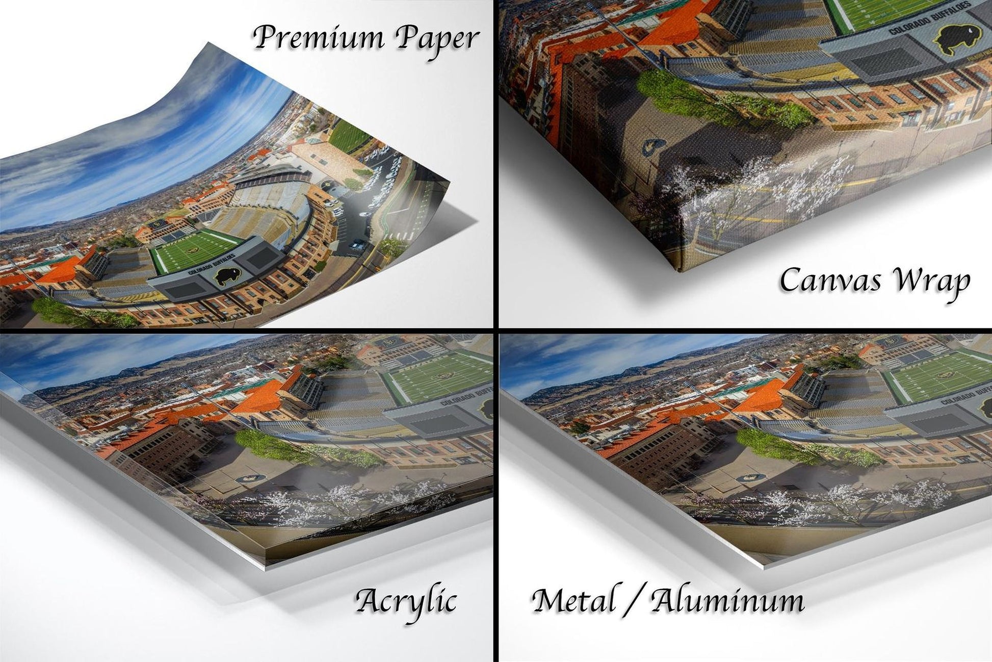The image is a collage of four different views of a cityscape, each with a distinct perspective and angle. The collage includes a close-up view of the city's skyline, a panoramic view of the city, a detailed view of the city's architecture, and a high-angle view of the city's landscape. The collage is labeled as "Premium Paper", "Canvas Wrap", "Acrylic", and "Metal/Aluminum" to describe the materials used in the artwork.