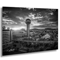 The image is a black and white photograph of a city skyline, featuring a prominent tower with a round observation deck, surrounded by buildings and a bridge.