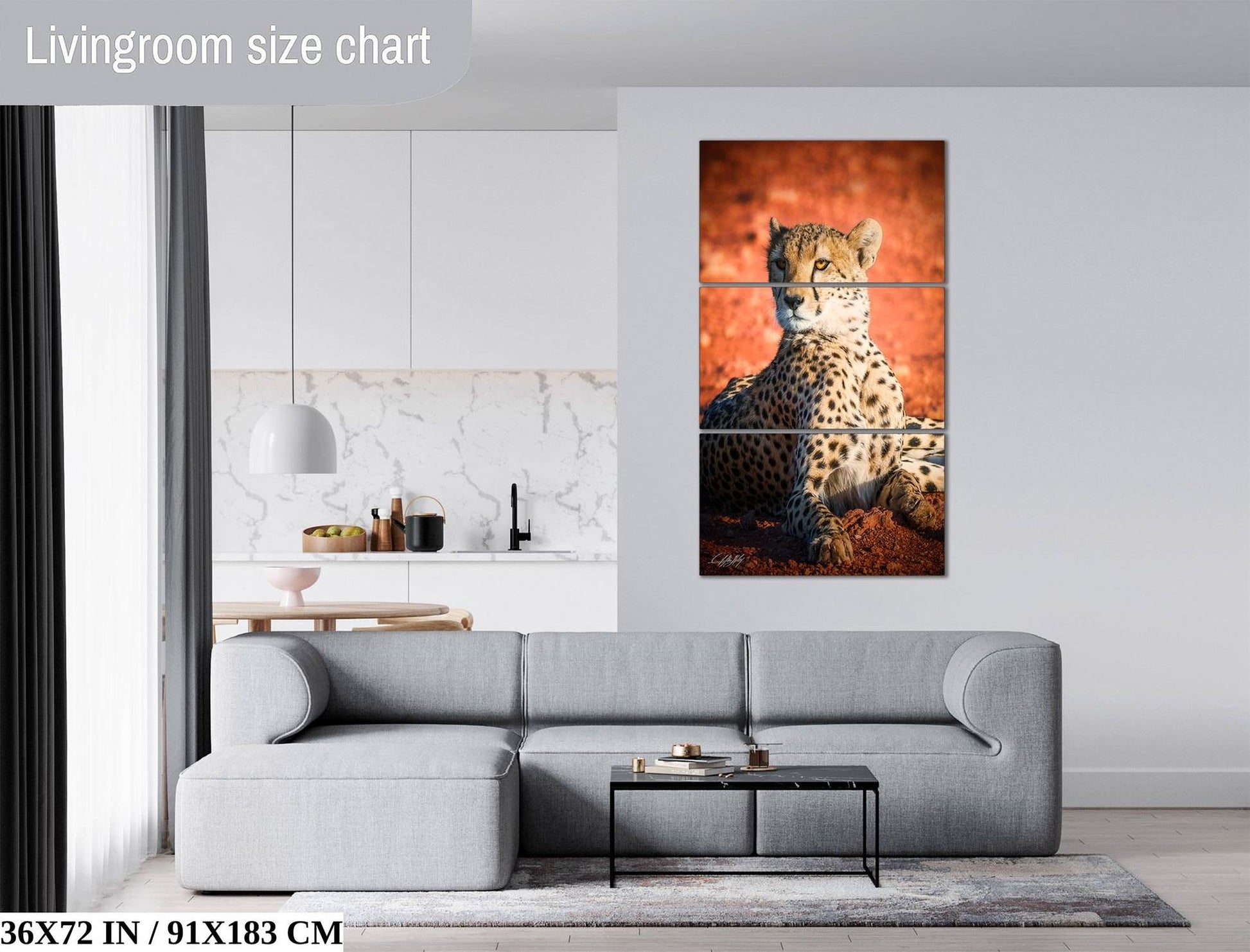 The image is a living room with a gray sofa and a coffee table. There is a large wall art depicting a cheetah resting on a rock. The wall art is a three-piece collage, and the living room has a modern design with white walls and a marble countertop.