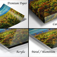 The image is a collage of four different images, each depicting a landscape with a bridge in the background. The images are labeled as "Premium Paper", "Canvas Wrap", "Acrylic", and "Metal/Aluminum".