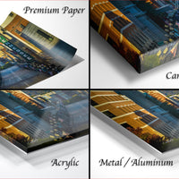 The image is a collage of four different views of a cityscape, each with a distinct perspective and angle. The collage includes a close-up view of the buildings, a wide-angle view of the city, a high-angle view of the city, and a low-angle view of the city. The collage is labeled as "Premium Paper", "Canvas Wrap", "Acrylic", and "Metal/Aluminum".