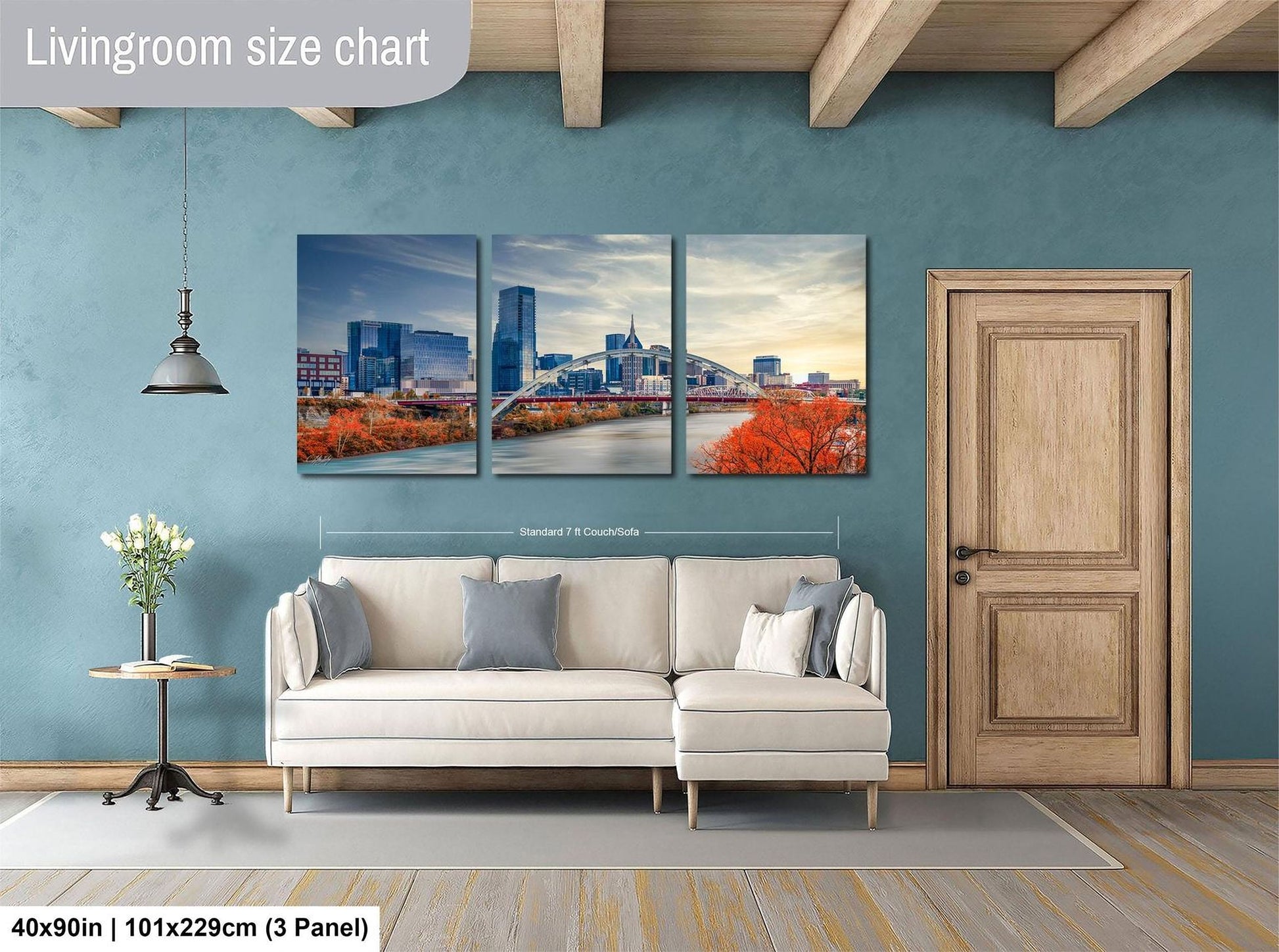 The image is a living room with a large white sofa and a wooden door. Above the sofa, there is a wall-mounted living room size chart that provides dimensions for the different panels of the collage.