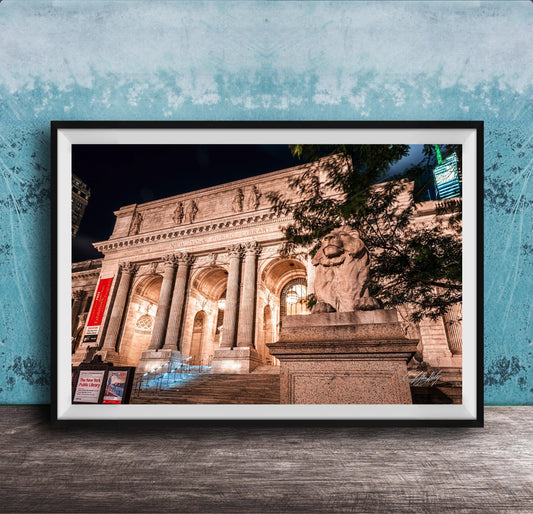 NYC Library Wall Decor – Nighttime Cityscape Art with Moonlit Lion Statues