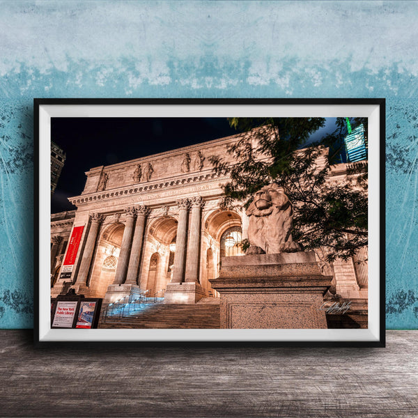 NYC Library Wall Decor – Nighttime Cityscape Art With Moonlit Lion Statues