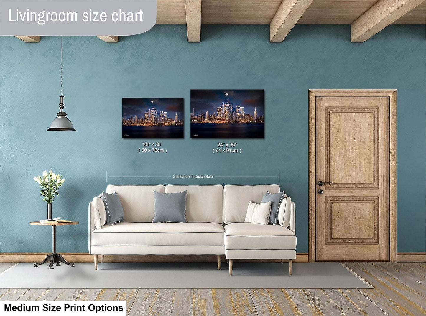 a living room with a white sofa, a wooden door, and a painting of a city skyline on the wall. The painting is of a medium size, and the living room appears to be designed for a comfortable and stylish living space.