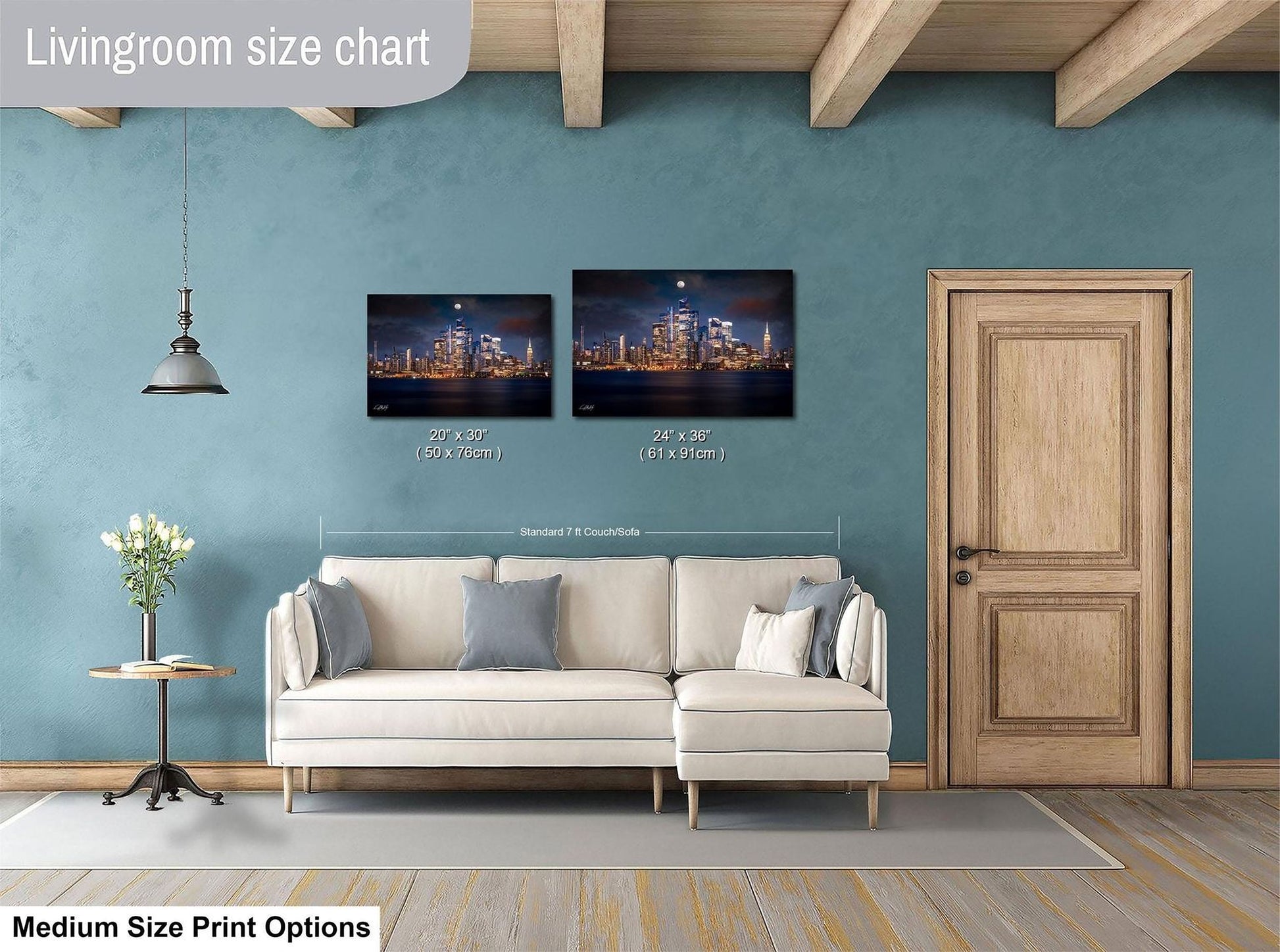 a living room with a white sofa, a wooden door, and a painting of a city skyline on the wall. The painting is of a medium size, and the living room appears to be designed for a comfortable and stylish living space.