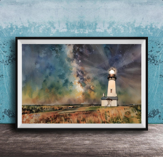A framed watercolor painting depicting a lighthouse on a grassy field, with a starry sky in the background.