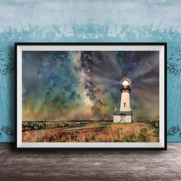 A framed watercolor painting depicting a lighthouse on a grassy field, with a starry sky in the background.