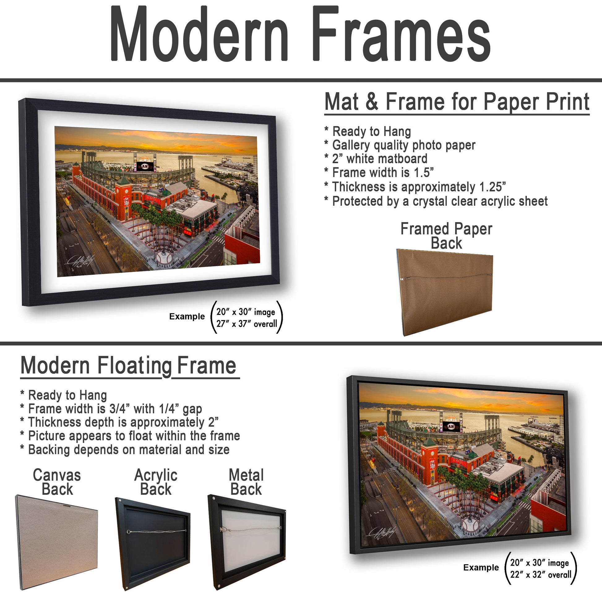 The image is a collage of two framed pictures, one of a cityscape and the other of a building. The collage is presented in two different frame types: a modern floating frame and a modern hanging frame.