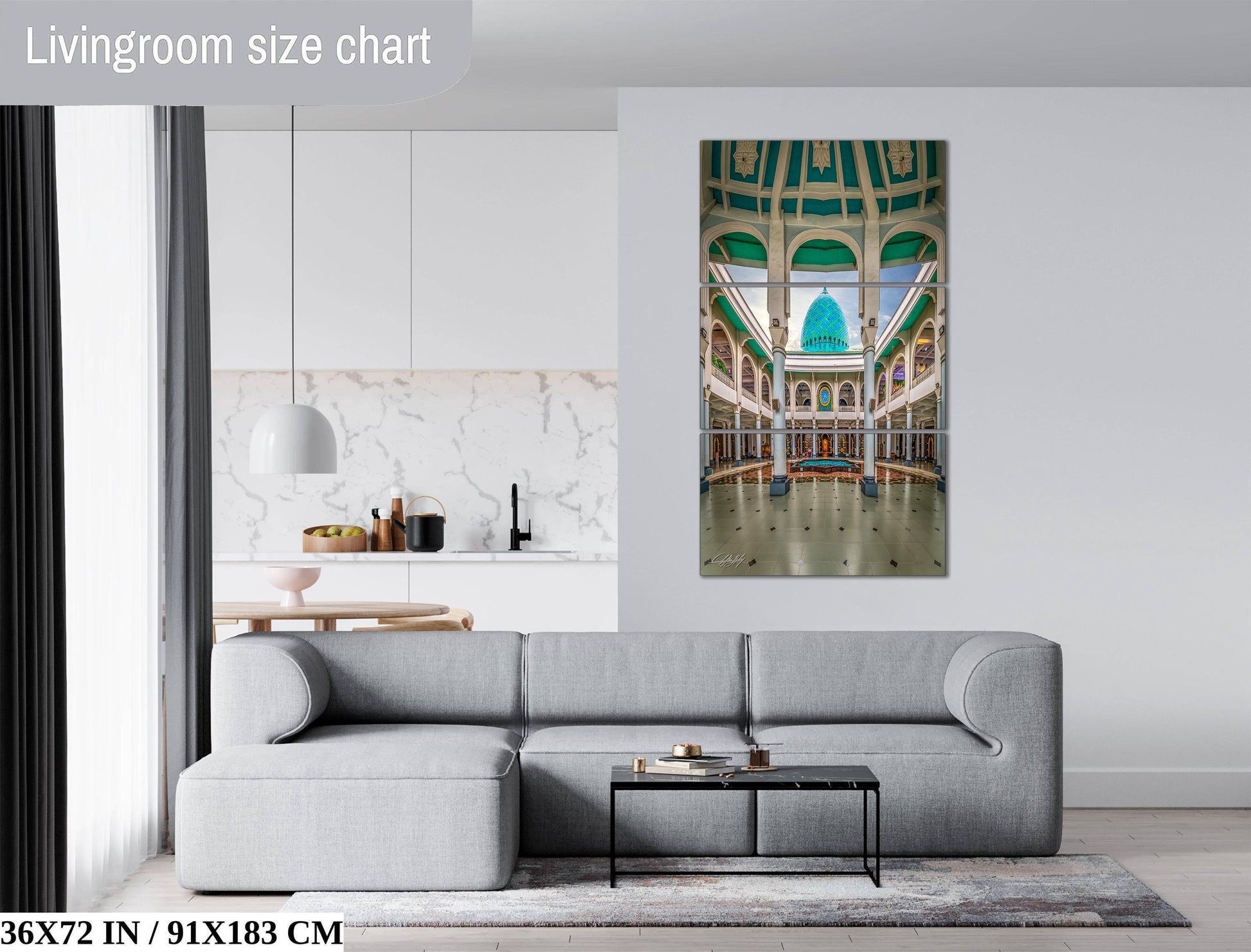 a modern living room with a gray sofa, a coffee table, and a large painting of a domed building with a green roof and intricate architectural details.