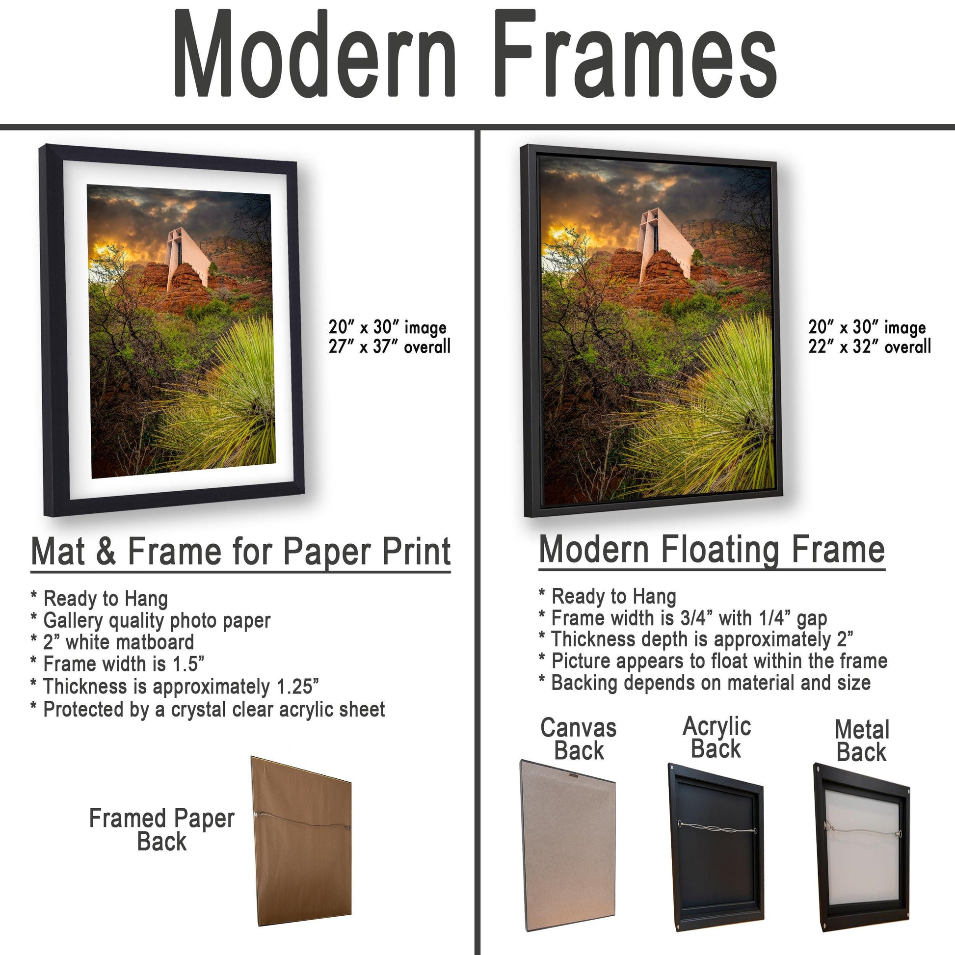 The image is a comparison of modern framed prints and modern floating frames for paper print photography. It displays two framed prints and two framed floating frames, each with different characteristics and features.