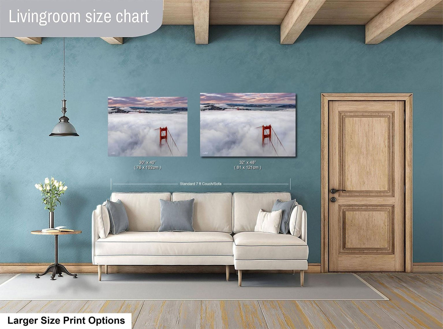 a living room with a white sofa, a wooden door, and a painting of the Golden Gate Bridge in the background. The painting is a size chart for the living room, indicating the dimensions of the sofa and the door.