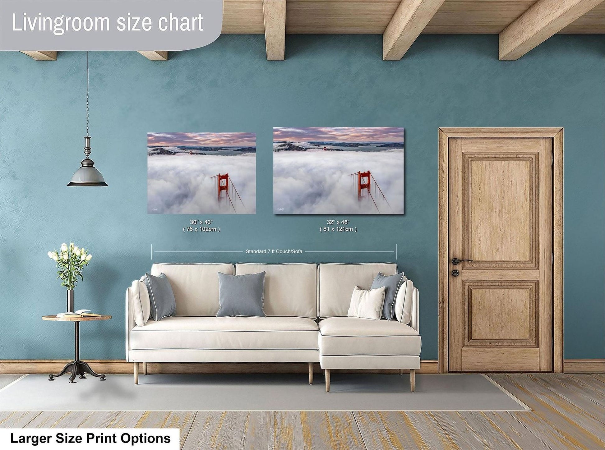 a living room with a white sofa, a wooden door, and a painting of the Golden Gate Bridge in the background. The painting is a size chart for the living room, indicating the dimensions of the sofa and the door.
