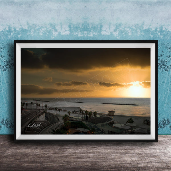 The image is a framed photograph of a beach at sunset, with palm trees and a body of water in the background.