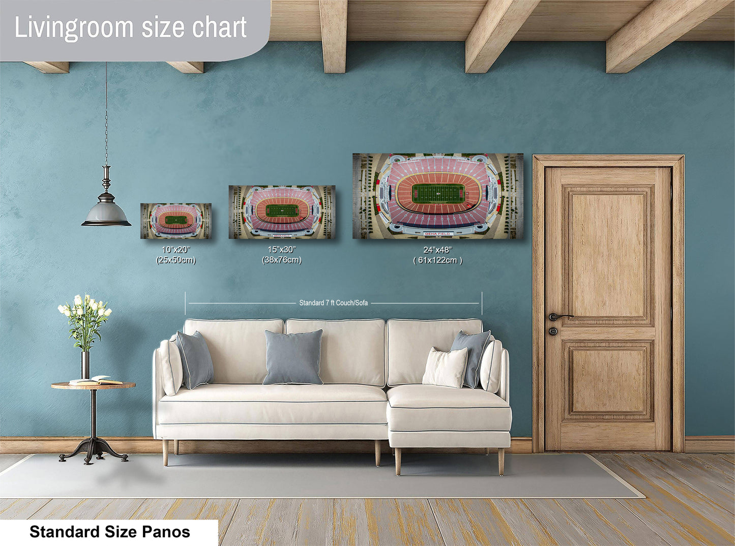 The image is a livingroom size chart that provides the dimensions of three framed pictures of a stadium, along with a sofa and a door.