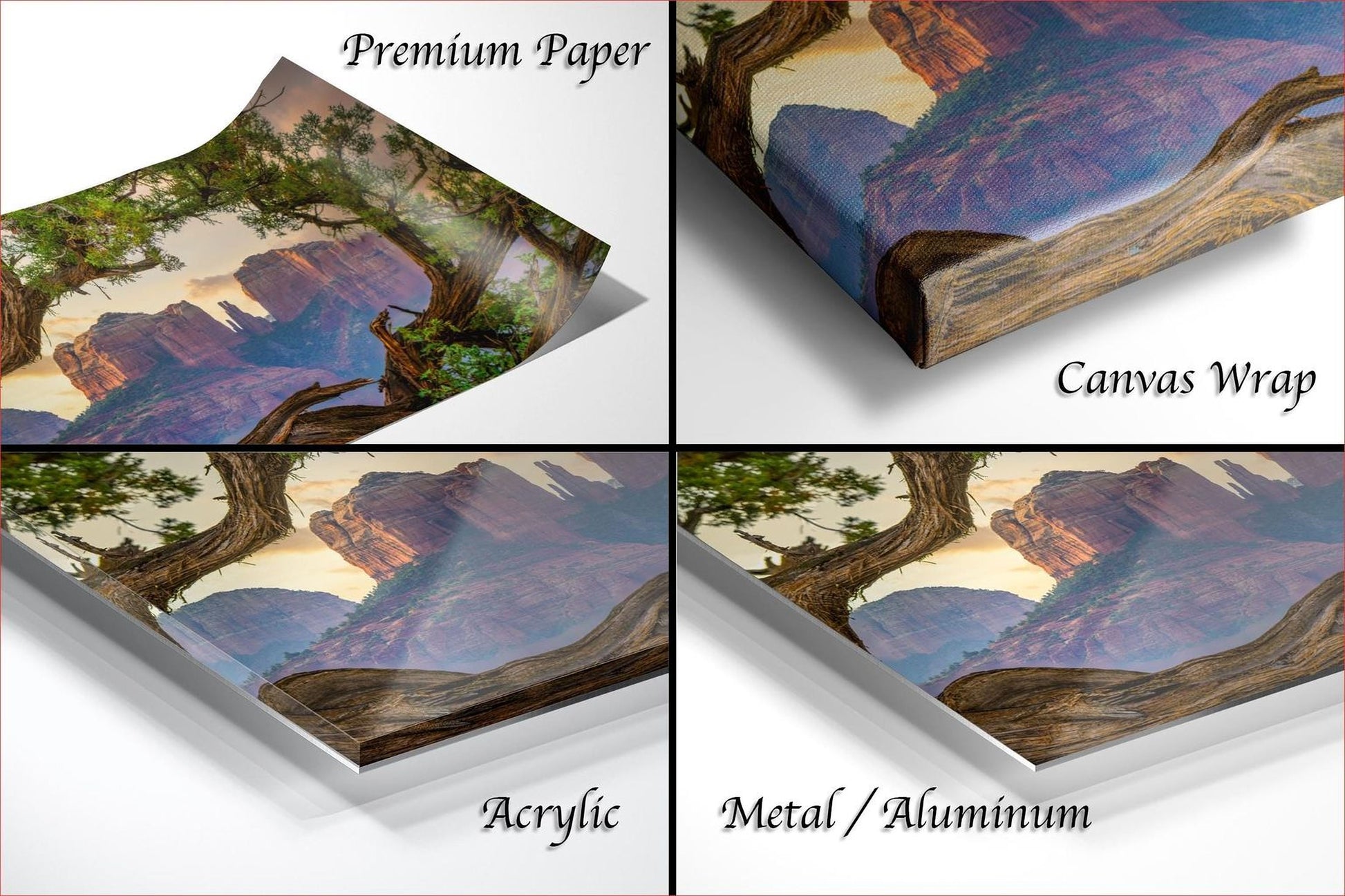The image is a collage of four different images, each depicting a landscape with a mountain or natural scenery. The images are labeled as "Premium Paper", "Canvas Wrap", "Acrylic", and "Metal/Aluminum".