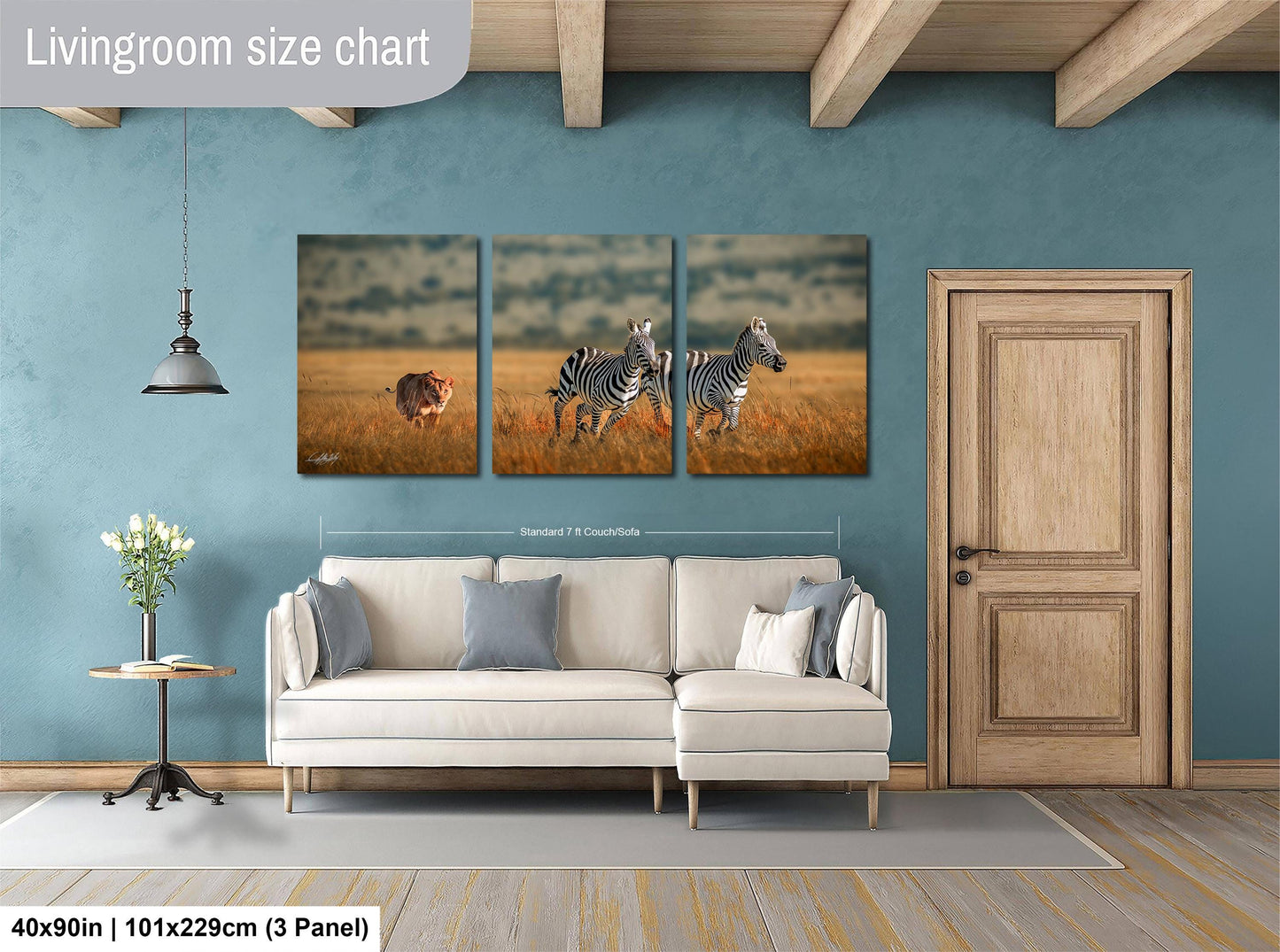 The image is a livingroom size chart that includes a triptych of wildlife photographs depicting zebras in a grassy field. The chart provides dimensions and a scale for the artwork, which is displayed on a wall next to a wooden door.