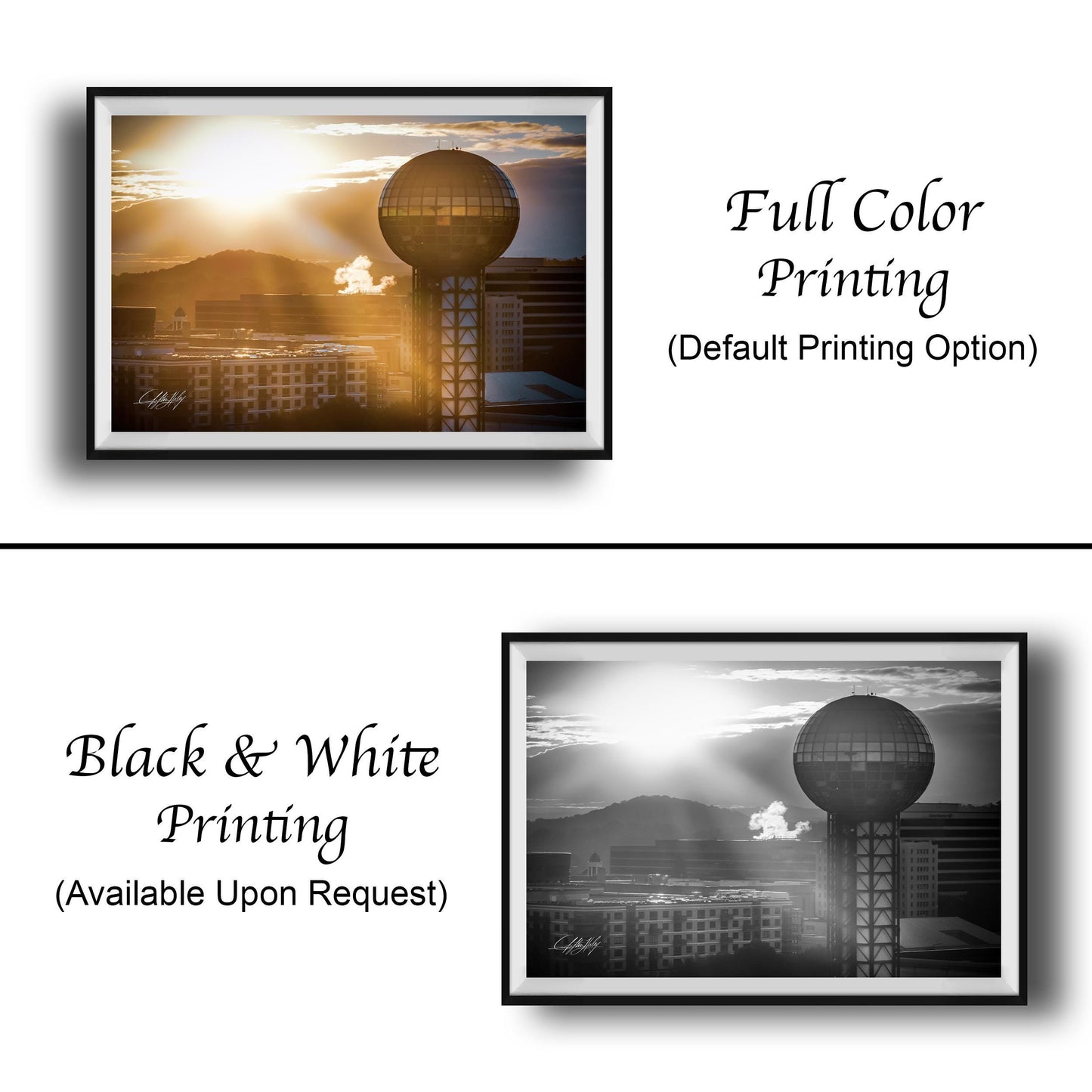 The image is a collage of two framed pictures, one in black and white and the other in full color. The black and white picture depicts a city skyline at sunset, while the full color picture shows the same city skyline with a large tower in the background. Both pictures are labeled as "Full Color Printing (Default Printing Option)" and are available upon request.