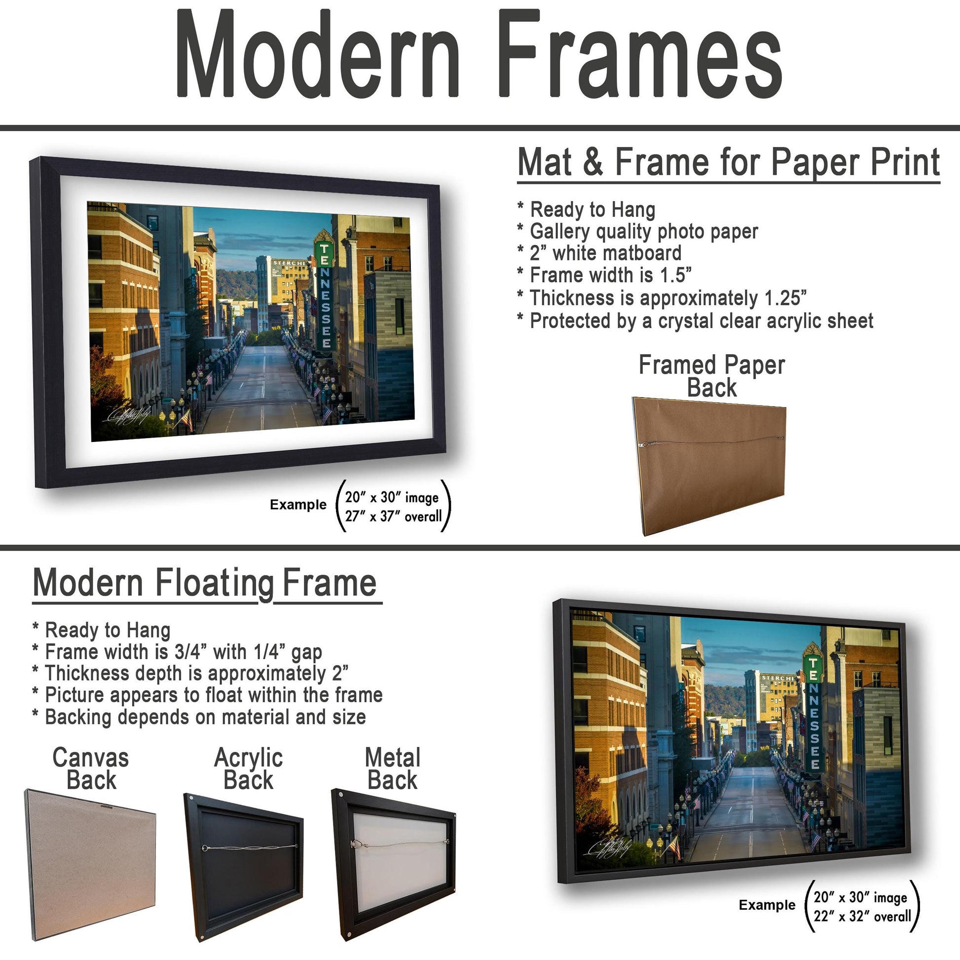 The image is a collage of two framed artworks, one of which is a mat and frame for a paper print, and the other is a modern floating frame.