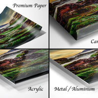 The image is a collage of four different views of a landscape photograph, each with a different material or finish applied to it. The text labels the different materials as "Premium Paper", "Canvas Wrap", "Acrylic", and "Metal/Aluminum".