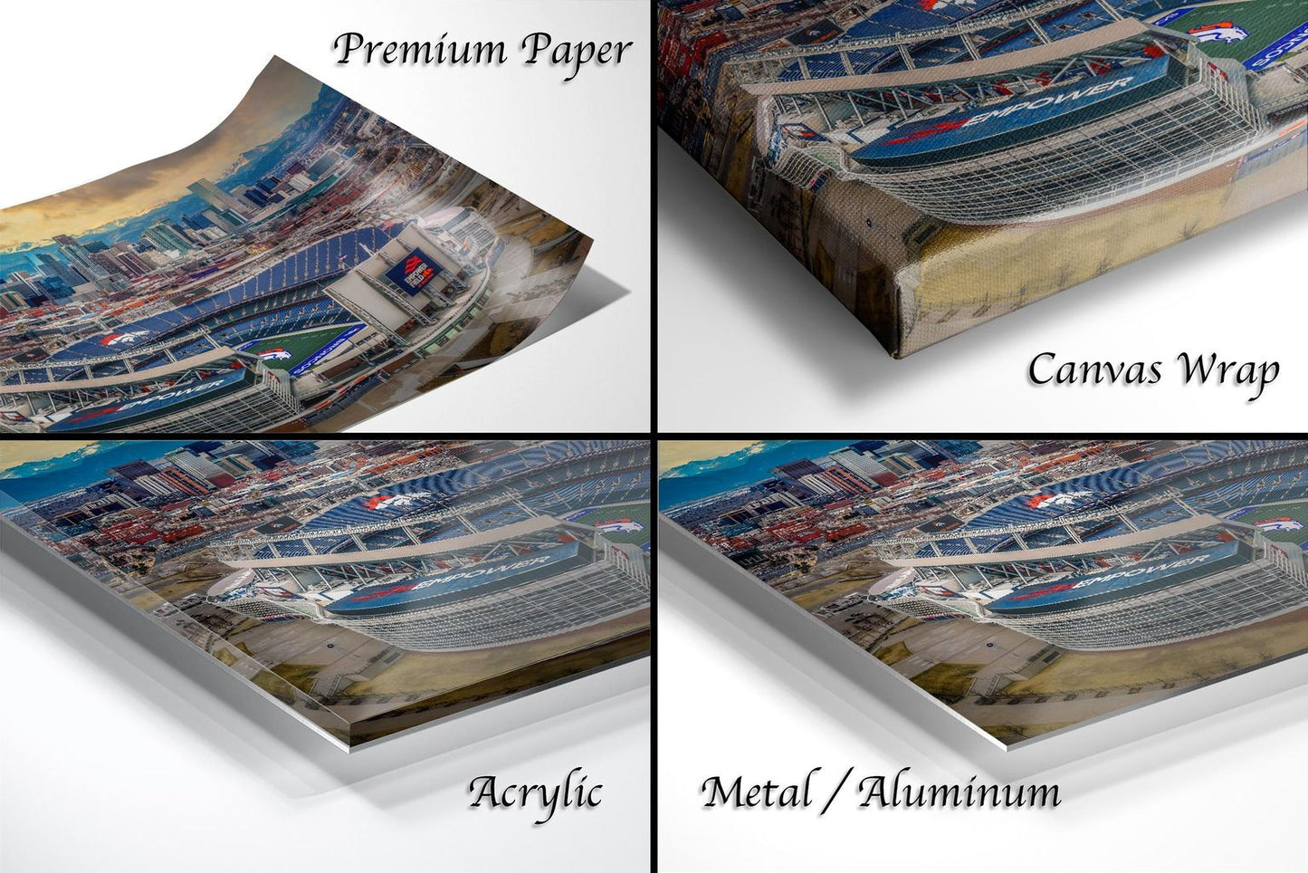 The image is a collage of four different views of a large stadium, likely the Denver Broncos stadium, with the stadium's exterior and surrounding cityscape.