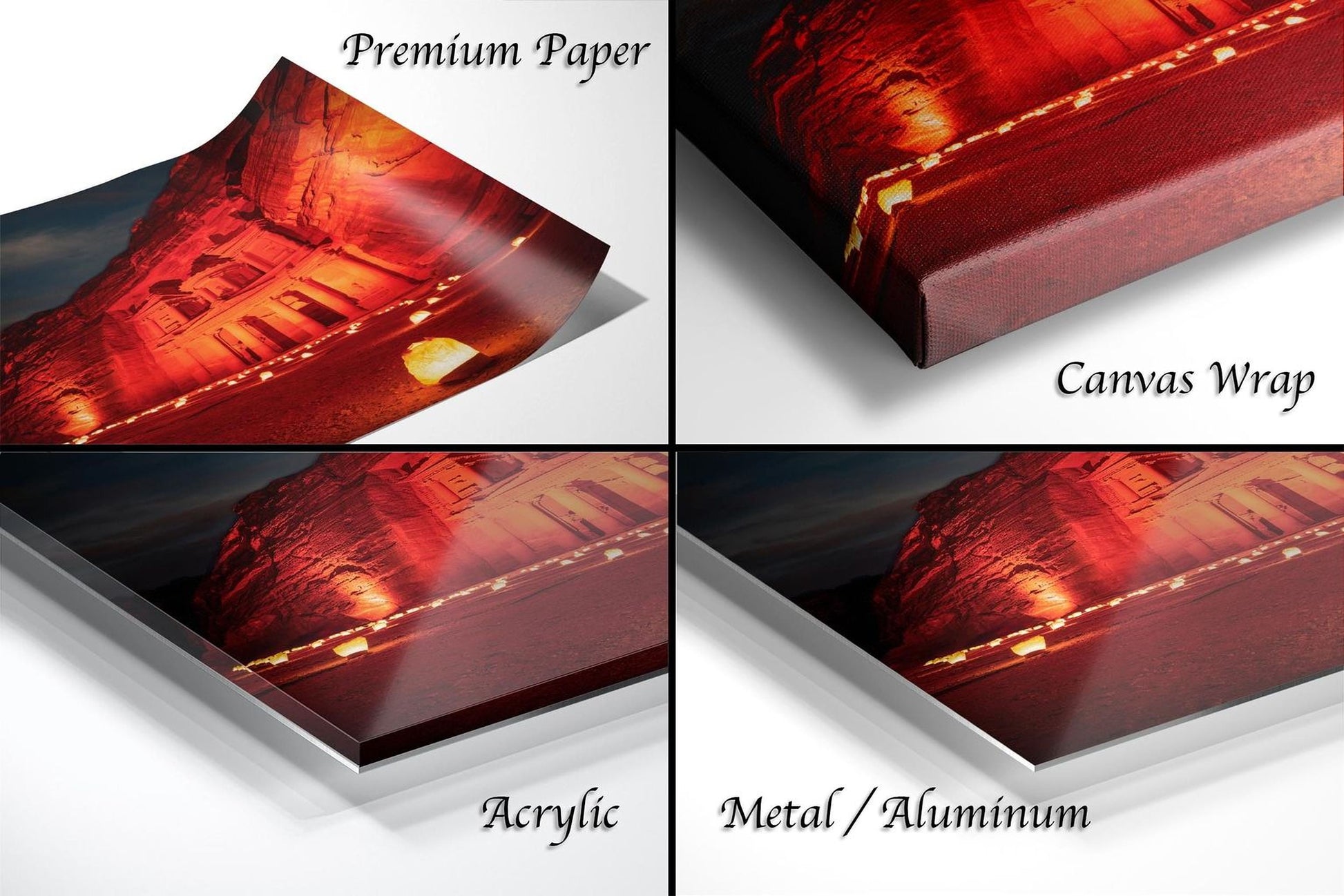 The image is a collage of four photos depicting a red and orange landscape, with the text "Premium Paper", "Canvas Wrap", "Acrylic", and "Metal/Aluminum" indicating the materials used for the prints.