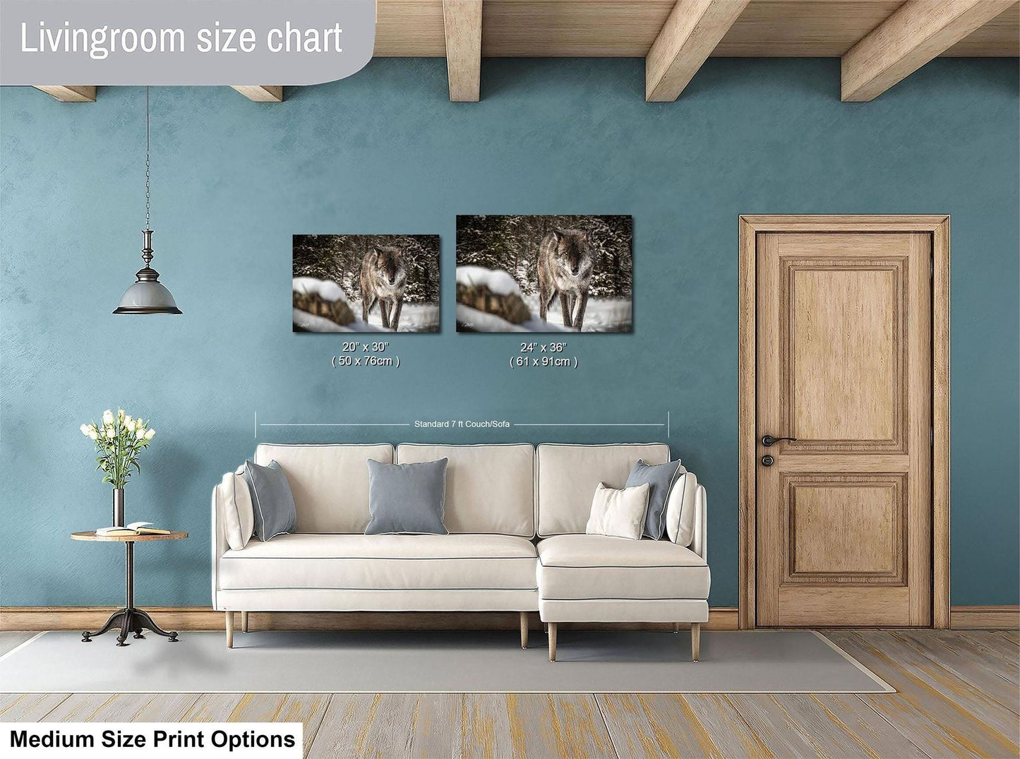 a living room with a white sofa, a wooden door, and a hanging light fixture. Above the sofa, there is a livingroom size chart that provides dimensions for the artwork displayed on the wall.
