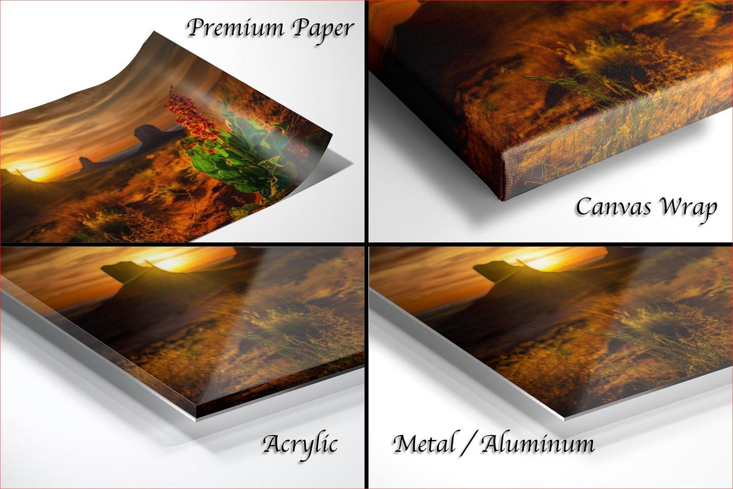 The image is a collage of four photographs depicting a sunset landscape, with each photograph labeled with the type of material it is printed on: "Premium Paper", "Canvas Wrap", "Acrylic", and "Metal/Aluminum".